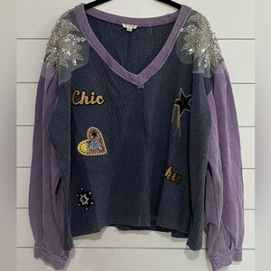 POL Purple and Gray Embellished Sweatshirt